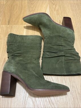 Schultz Olive Green Suede Pointed-Toe Mid-Calf Block Heel Boots